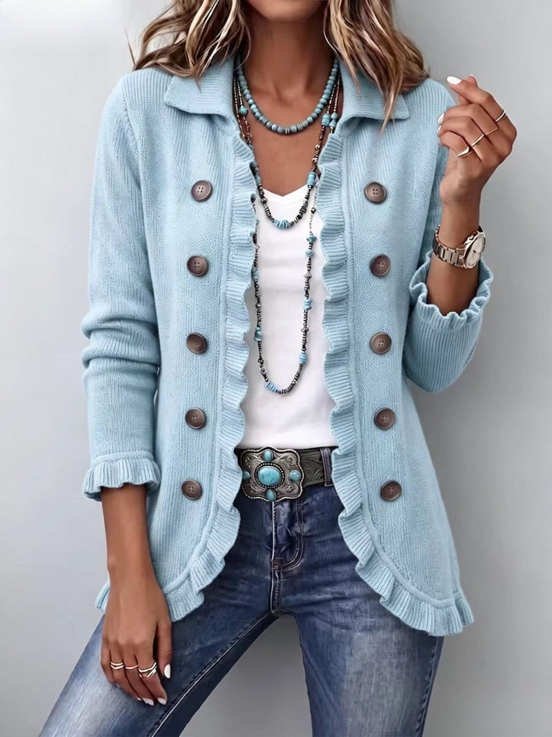 Cecilia | Veste en Maille Bleu Poudré à Volants