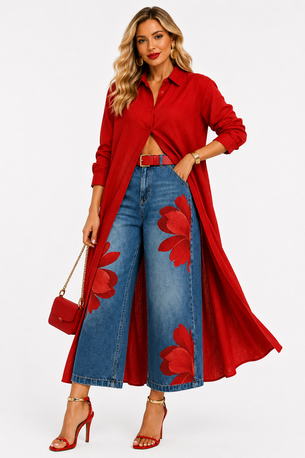 Maud | Conjunto de camisa larga y vaqueros estampados