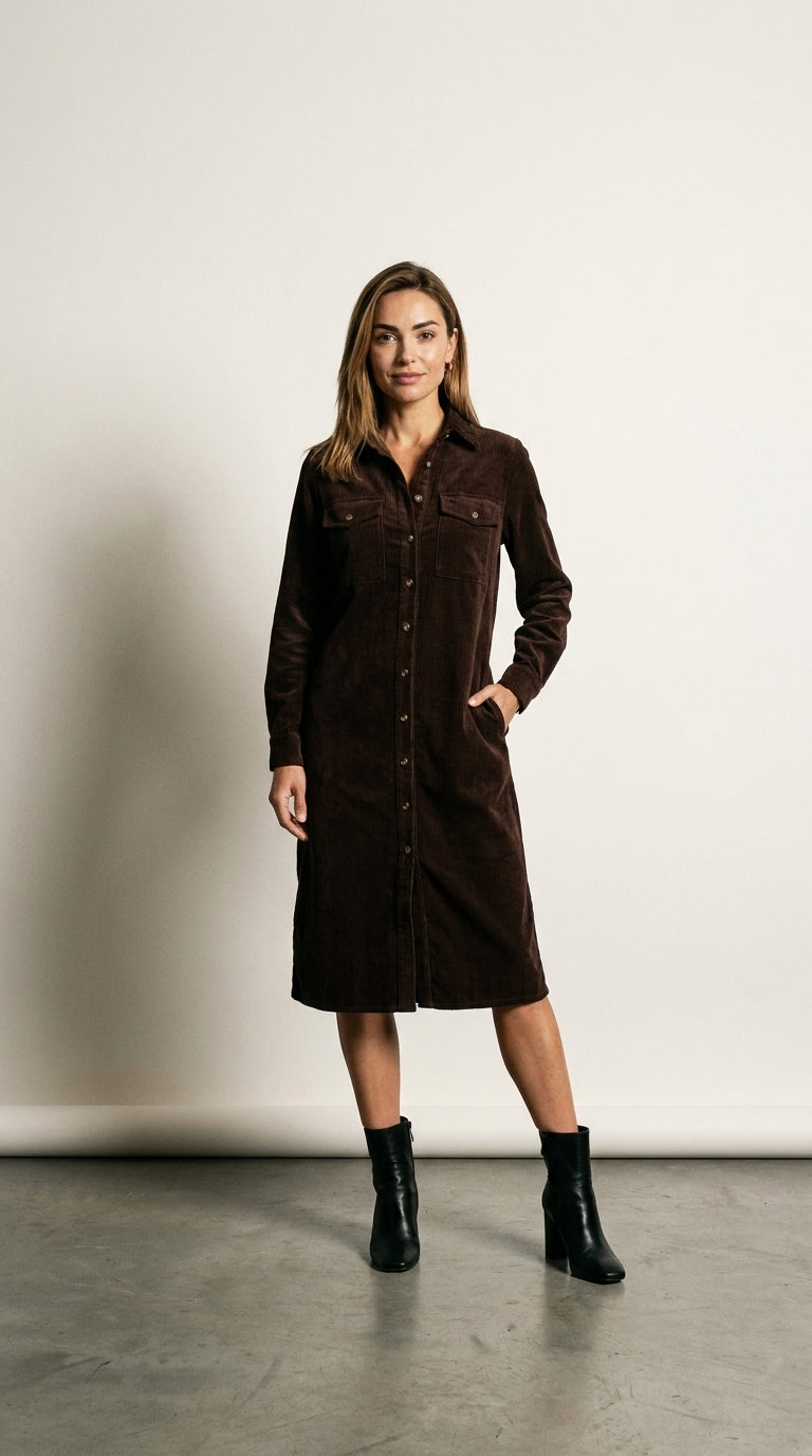 Elena | Corduroy Double-Pocket Midi Dress