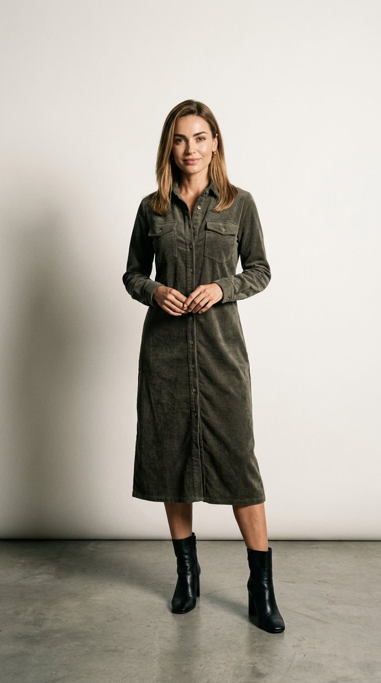 Elena | Corduroy Double-Pocket Midi Dress
