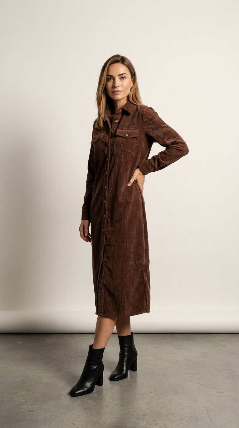 Elena | Corduroy Double-Pocket Midi Dress