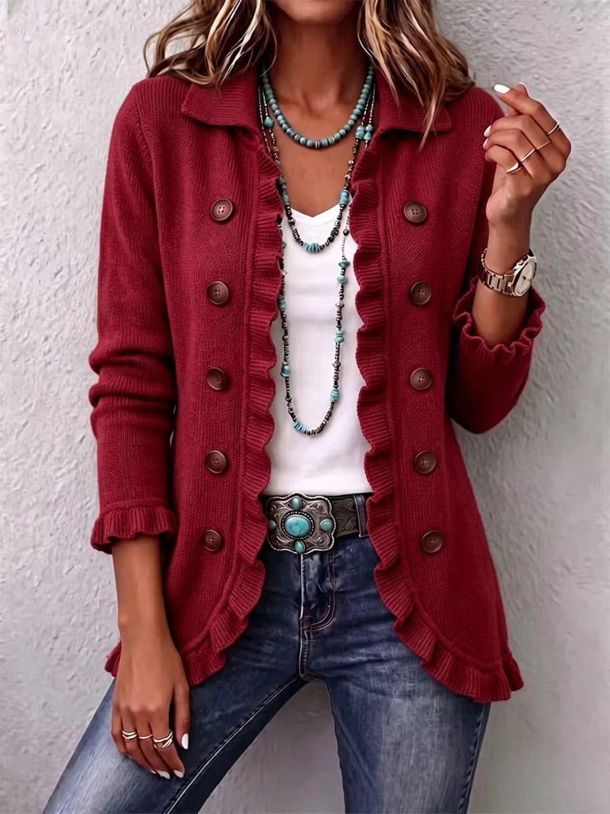 Rosalía | Veste en Maille Rouge Rubis à Volants
