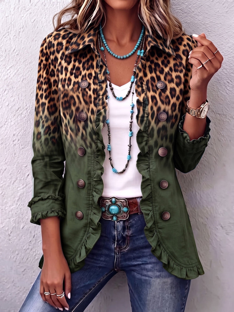 Ramona | Veste Blazer Léopard Vert à Volants
